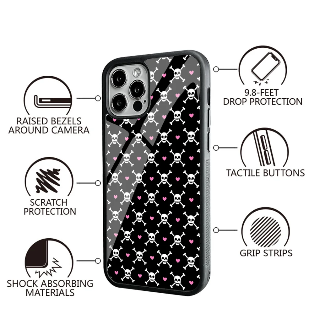 Skull Girl Heart Phone Case For IPhone 16 16pro 16plus 16promax Pro Plus Max Mirror Acrylic PC TPU Cover