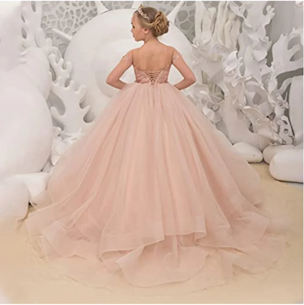 Flower Girl Dresses High Low Tiered Tulle Girls Princess Pageant Dress Puff Sleeve Long Train Childrens Birthday Party Gowns