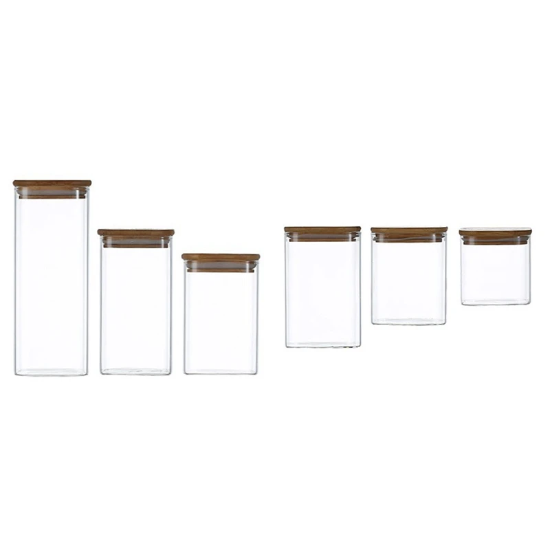 

HOT-3Pcs Square Glass Sealed Jar Food Dry Fruit Storage Box Tea Miscellaneous Grain Kitchen Glass Bottle Bamboo Lid Seal