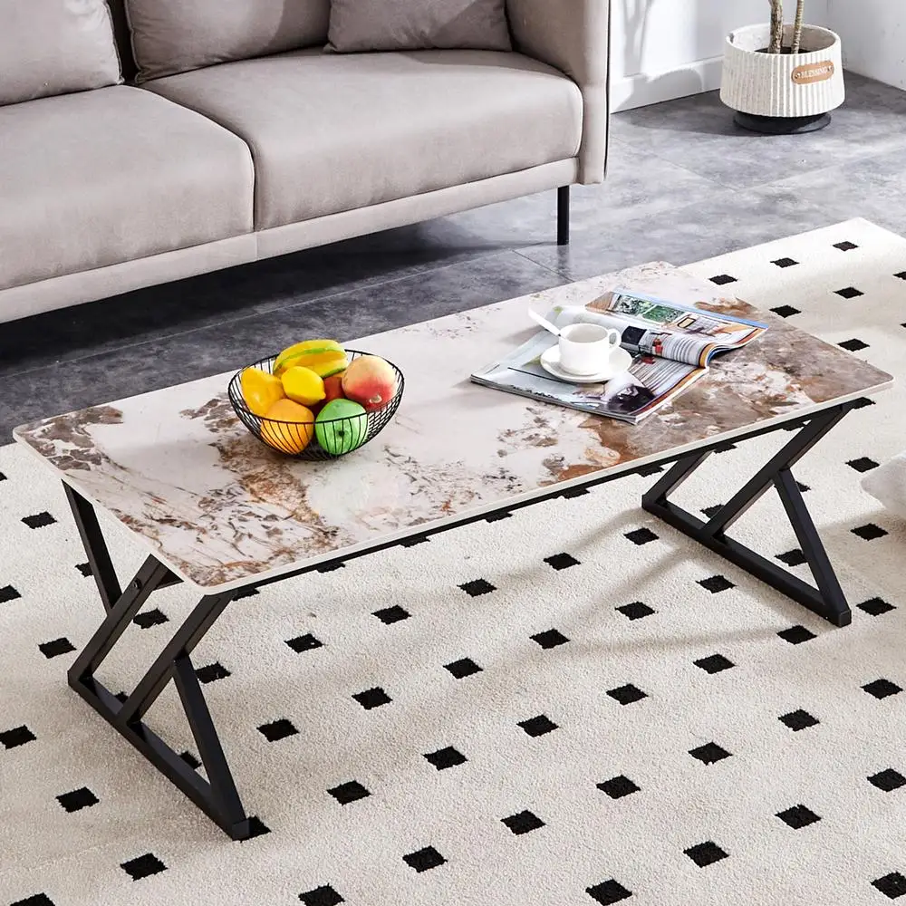 

Marble Rock Slab Coffee Table Modern Black Metal Legs 47 Inch Living Room Furniture Easy Clean