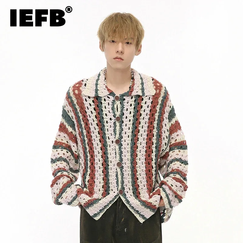 IEFB New Fashion Men\'s Cardigan Striped Contrast Color Single Breasted Turn-down Collar Male Loose Sweater New Stylish  9C7311