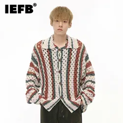 IEFB New Fashion Men's Cardigan Striped Contrast Color Single Breasted Turn-down Collar Male Loose Sweater New Stylish  9C7311