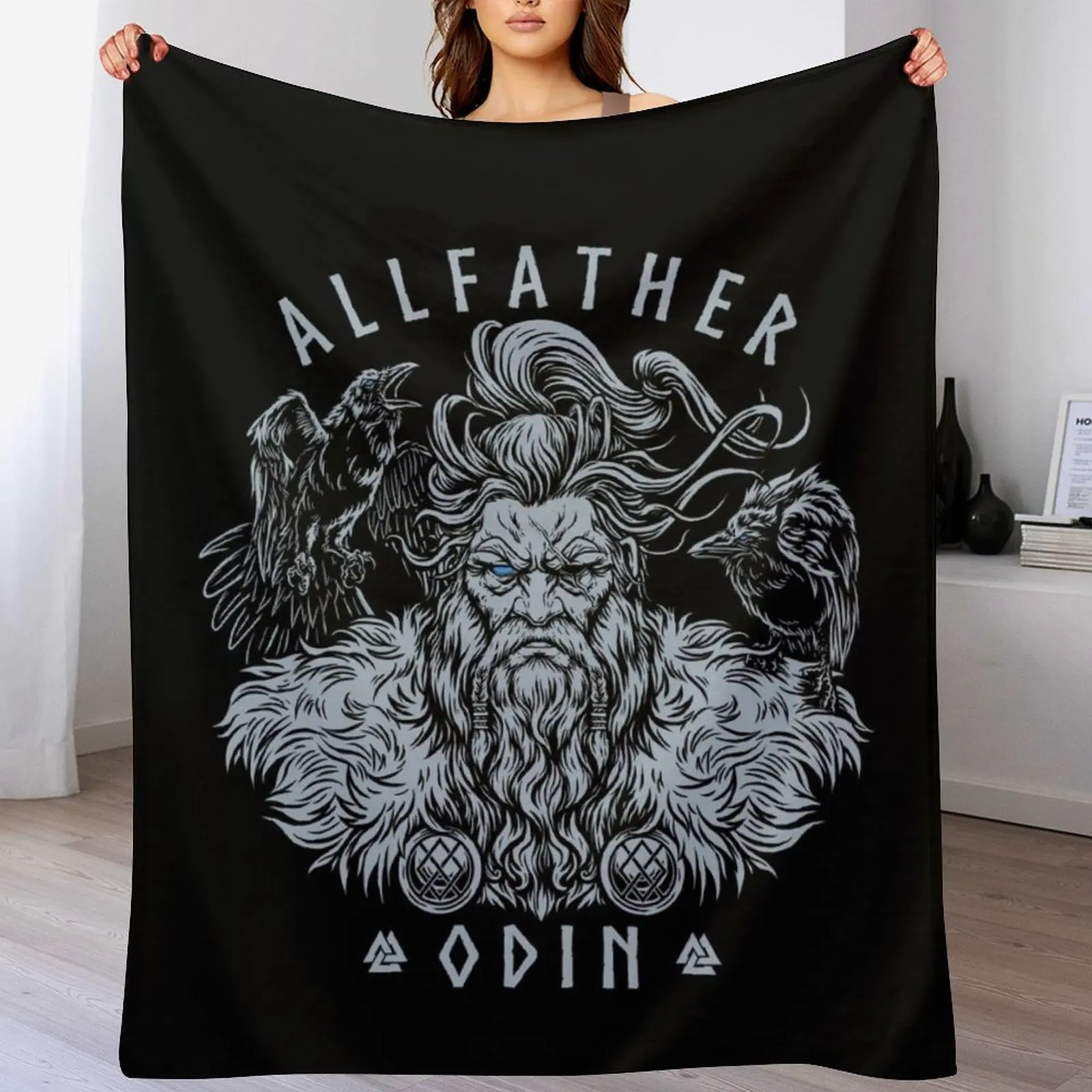 

Norse Mythology Viking Allfather Odin Huginn Muninn Valknut Throw Blanket Color Fast Cozy Throw Blanket