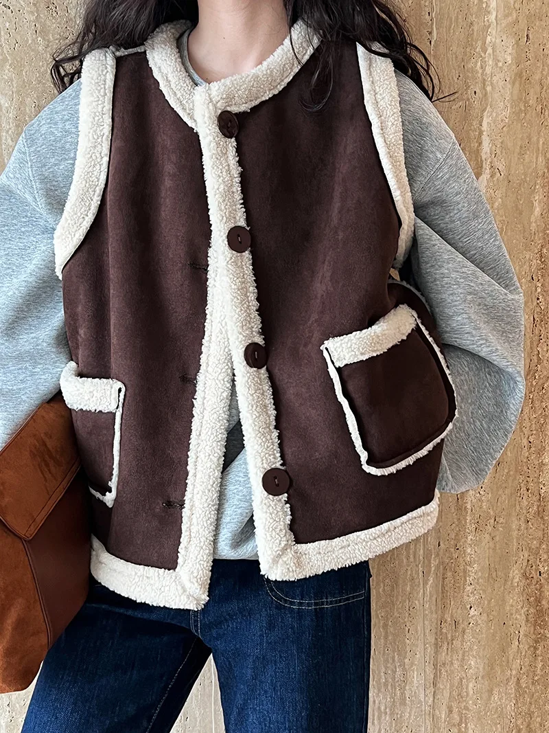 Imitation Lamb Hair Vest Women's Autumn Winter New Style Outwear Warm Suede Vest Thickened Insulation Brown Top Coat