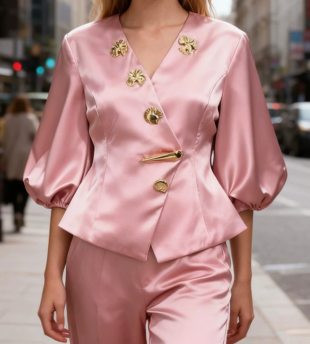 2025 جديد عصري زر معدني خليط نفخة الأكمام الخامس الرقبة حزام تي شيرت-GZXXX341