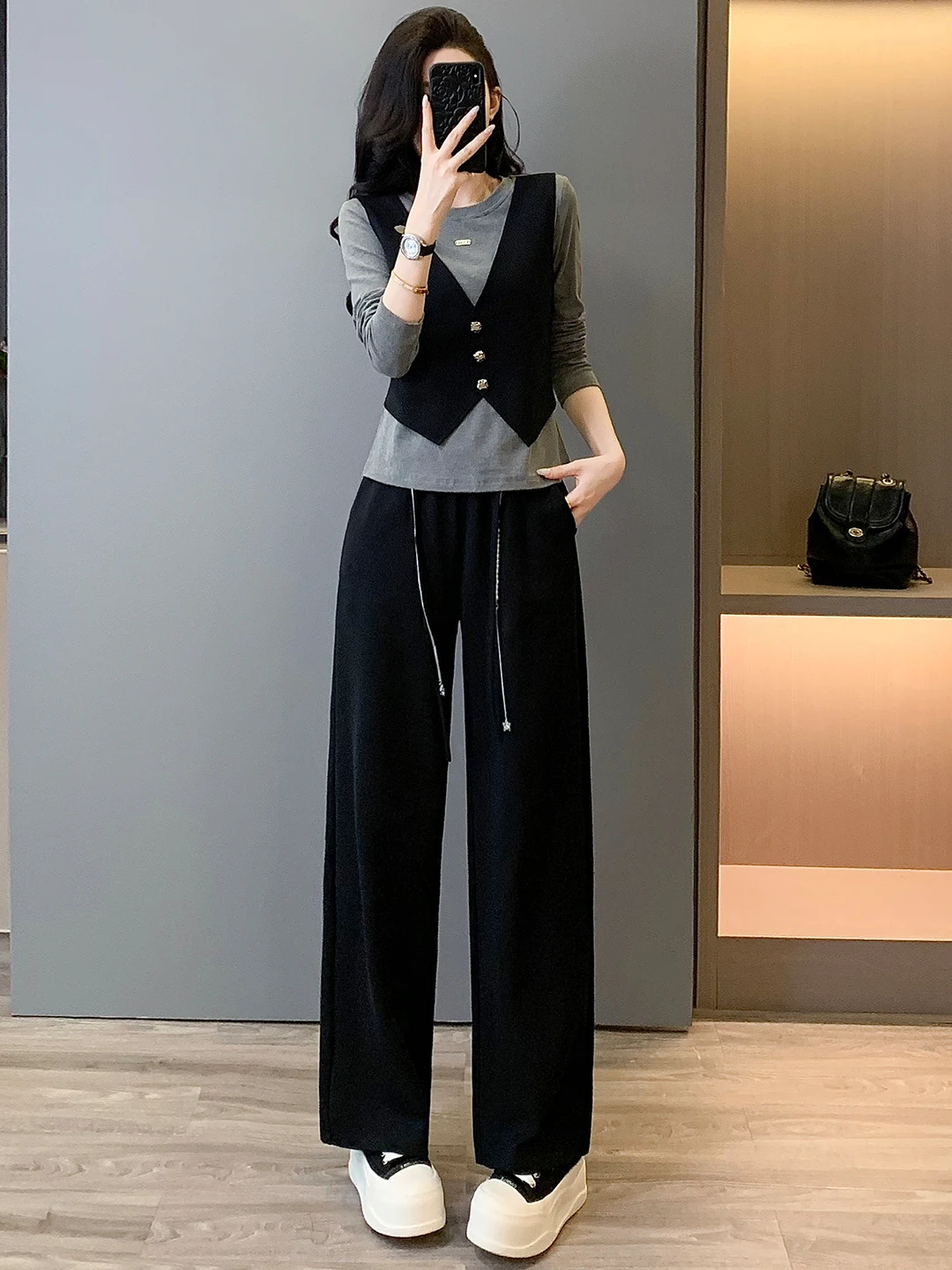 

Slimming Effect Commute Style Women's Long Sleeve Wide Leg Pants Two-Piece Set Fashionable Casual Sportswear Ensemble