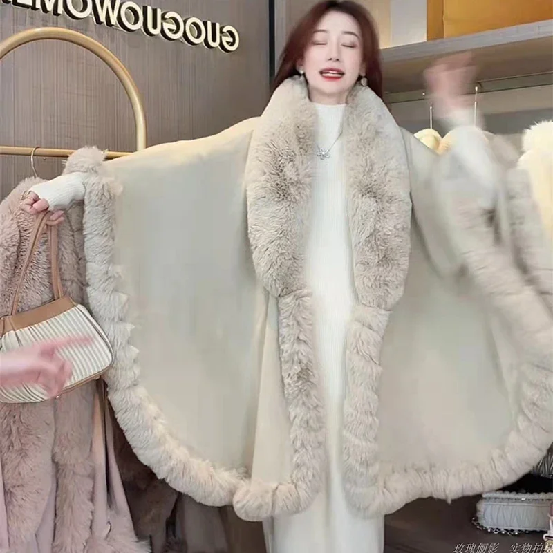 Fashion Solid Handcraft Fox Fur Cape Shawl Women Long Knit Cashmere Poncho Coat Wraps Faux Fur Pashmina Cloak Loose Lady L215