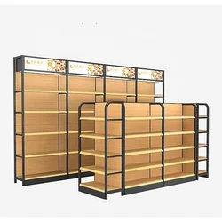 custom，Cheap retail shop shelving grocery convenience store supermarket shelf heavy duty wood iron shelves wooden  gondola shop