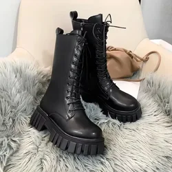 Winter Boots Female 2025 New British Womens Shoes Thick Bottom Mid-calf Single Boots Thick Heeled Casual Ankle Boots for Women
