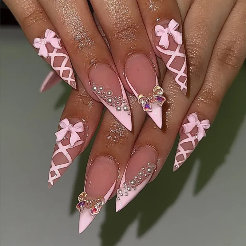 

24pcs Pink Claw Fake Nails Sets Press on Spicy Girl Long Stiletto Nails Tips French Cross Line Design False Nail Manicure Arts