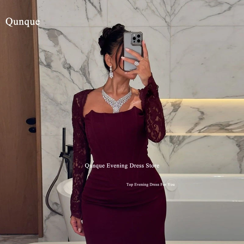 

Qunque Burgundy Mermaid Evening Dresses High Split Customized Party Evening Birthday Dresses Lace Cap Sleeves платье вечернее