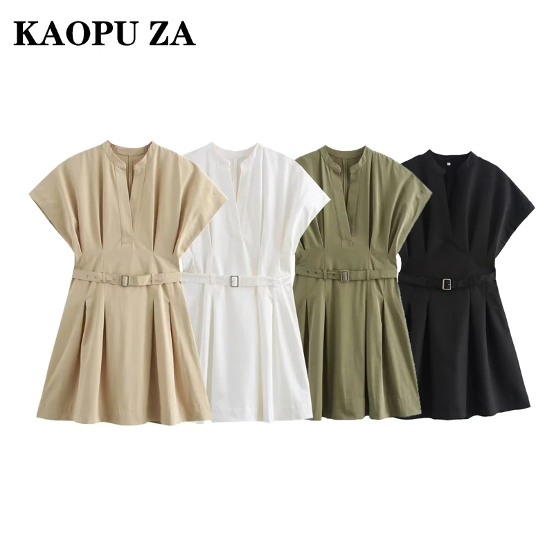 KAOPU ZA 2024 New Summer Women's Casual Mini Dress with Belt Cloak Sleeves Slim V Neck Pleated A Line Extreme Short Dress White