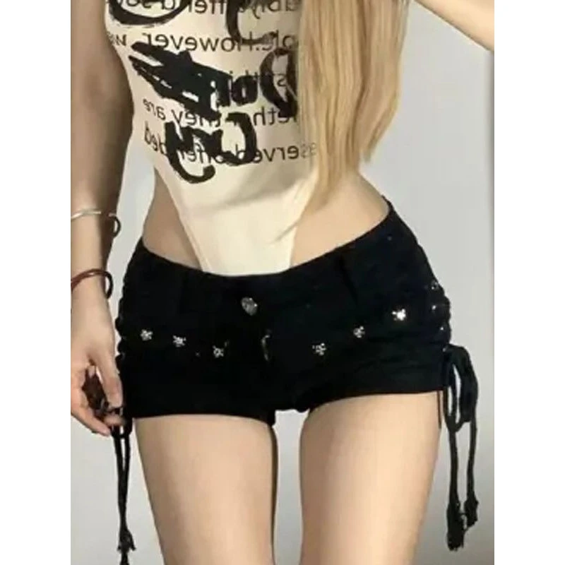 Retro Denim Shorts Tight Fit Bandage Design Spicy Girl High Waist Nine Points Pants Summer Commute Style Straight Leg