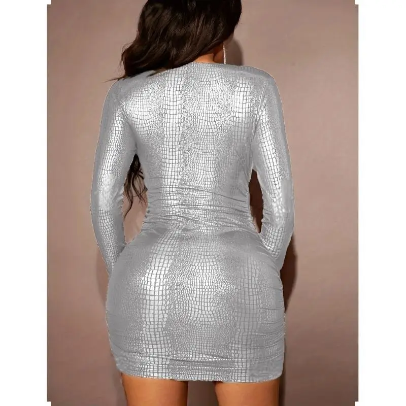 652F Vestido bodycon feminino elegante manga comprida couro PU para ocasiões especiais, abraçando individualidade e