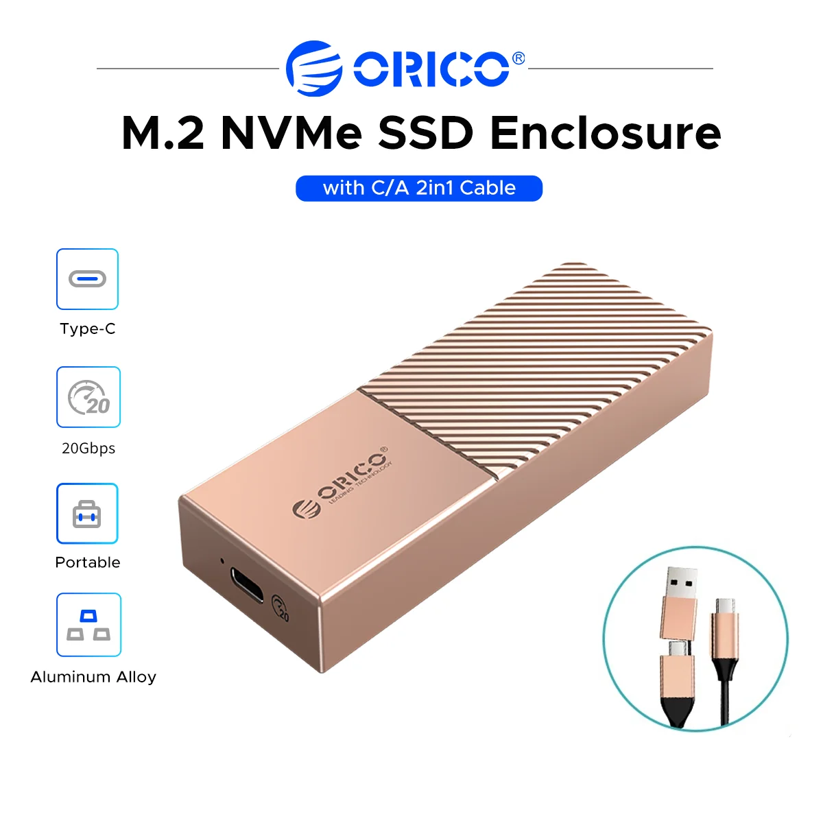 ORICO M.2 NVMe SSD Enclosure USB3.2 Gen2X2 Type-C 20Gbps External Solid State Drive Case with C/A 2in1 Cable for PC Laptop