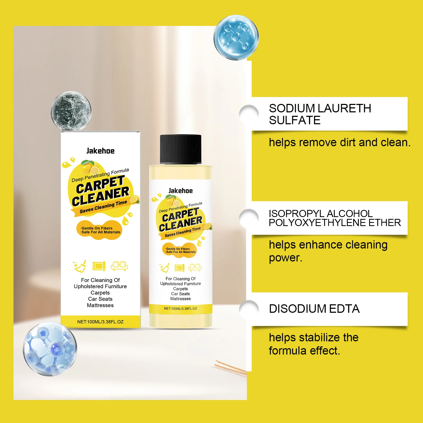 JAKEHOE Carpet Cleaner Liquid 100ml Household Fabric Cleaning Agent Effectively Clean Stains Remove Stubborn Dirt Reduces Odor