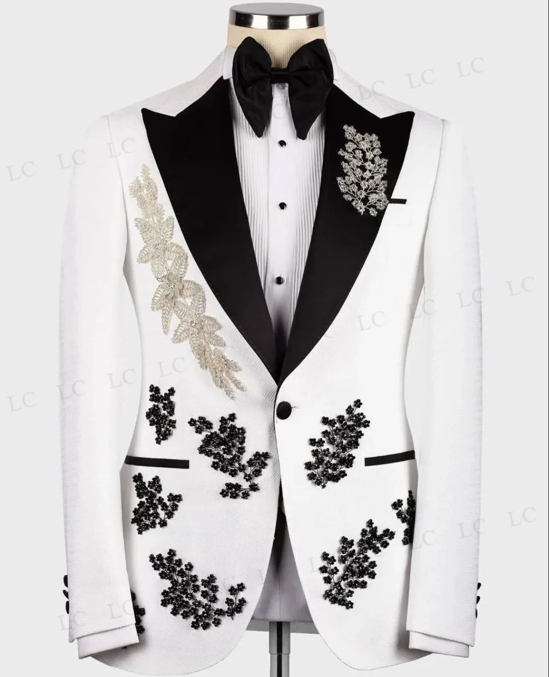 Appliques 2 Piece Blazer Pants One Button Men Suits Tuxedo Elegant Beadings Fashion Prom Wear Wedding Groom Plus Size Custom