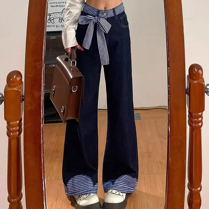 Women Dark Blue Denim Wide Leg Jeans Plaid Contrast Cuff Waist Bandage Bow Decor Autumn Loose Floor Length Casual Denim Trousers