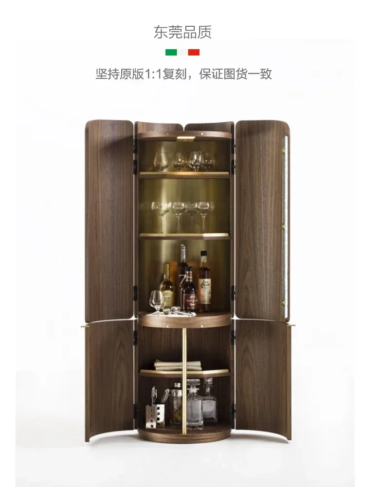 Italian walnut wine cabinet with light designer round Italian light luxury high-end solid wood bar cabinet