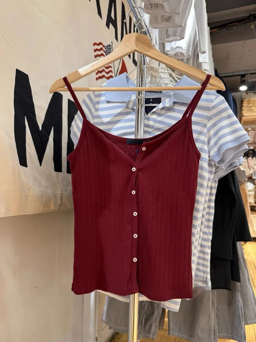 العيينة الأحمر القطن الأساسية تانك القمم المرأة الصيف جديد واحدة الصدر أكمام سليم بروتيل بسيط الحلو الصلبة لطيف سترة Y2k القمم #3