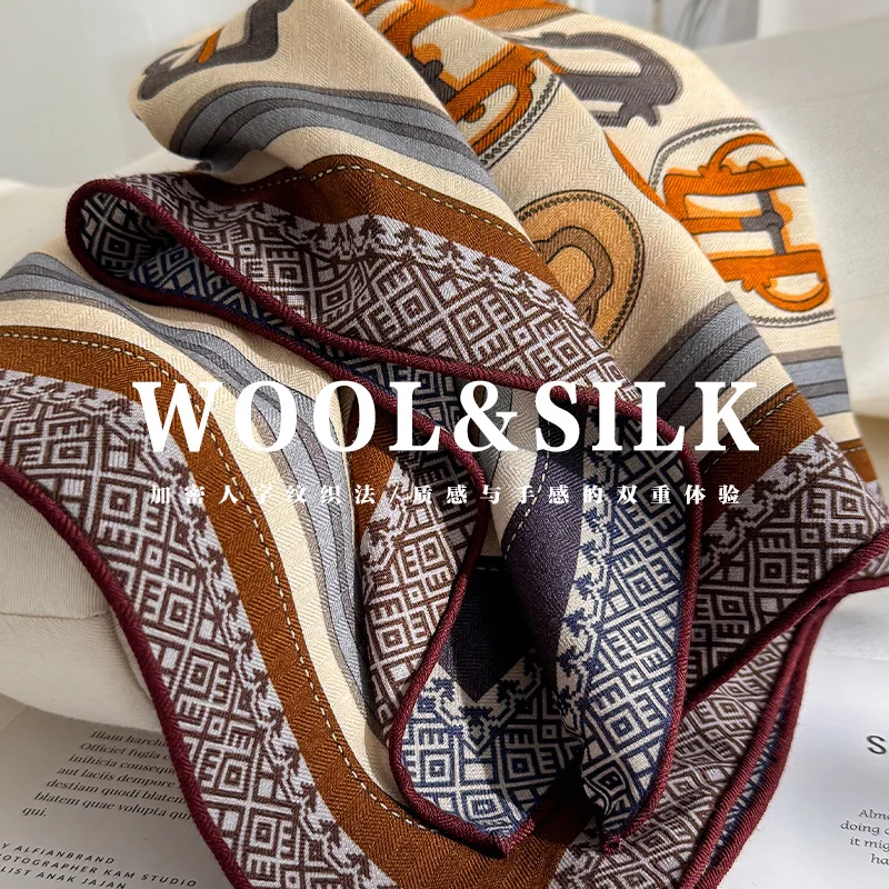 Luxury Italian Style 70% Wool 30% Silk Scarf Women Small Square Shawl High-End Jacquard Neck Wrap Fall Winter Bandana Stole
