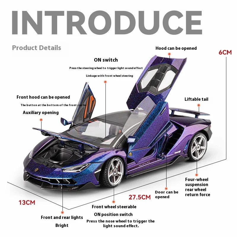 Modelo de coche deportivo LP770 fundido a presión, grande, 1/18, simulación de sonido y luz, neumático extraíble, absorción de impacto, regalo para niño