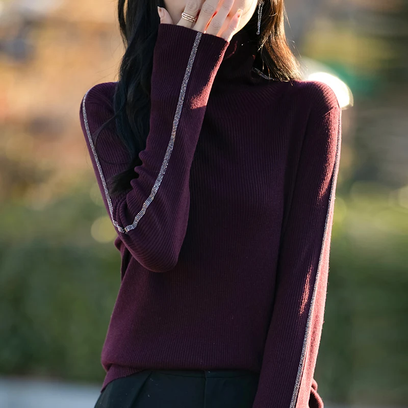 

Spring Autumn Hot Sale Knitted Wool Turtleneck Sweater Women Long Sleeve Tops Diamonds Female Fashion Loose Basics Pullover