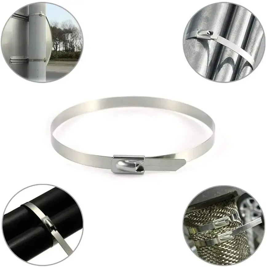 10 20 100 Pcs Stainless Steel Metal Cable Ties Exhaust Wrap Coated Locking Metal Zip-Exhaust Multifunctional Locking Cable Ties