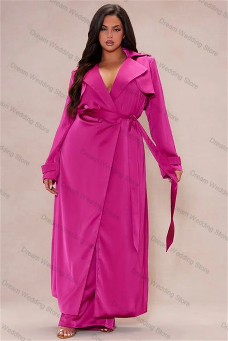 

Plus Size Women Suit Set 2 Pcs Long Blazer Pants Trousers Pink Satin Autumn Formal Office Lady Jacket Customized Wedding Coat