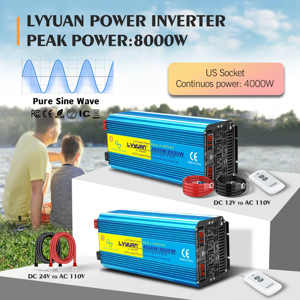 AC110V inverter pure sine wave input voltage 12V/24V 60Hz US socket battery converter camping/outdoor working/travel