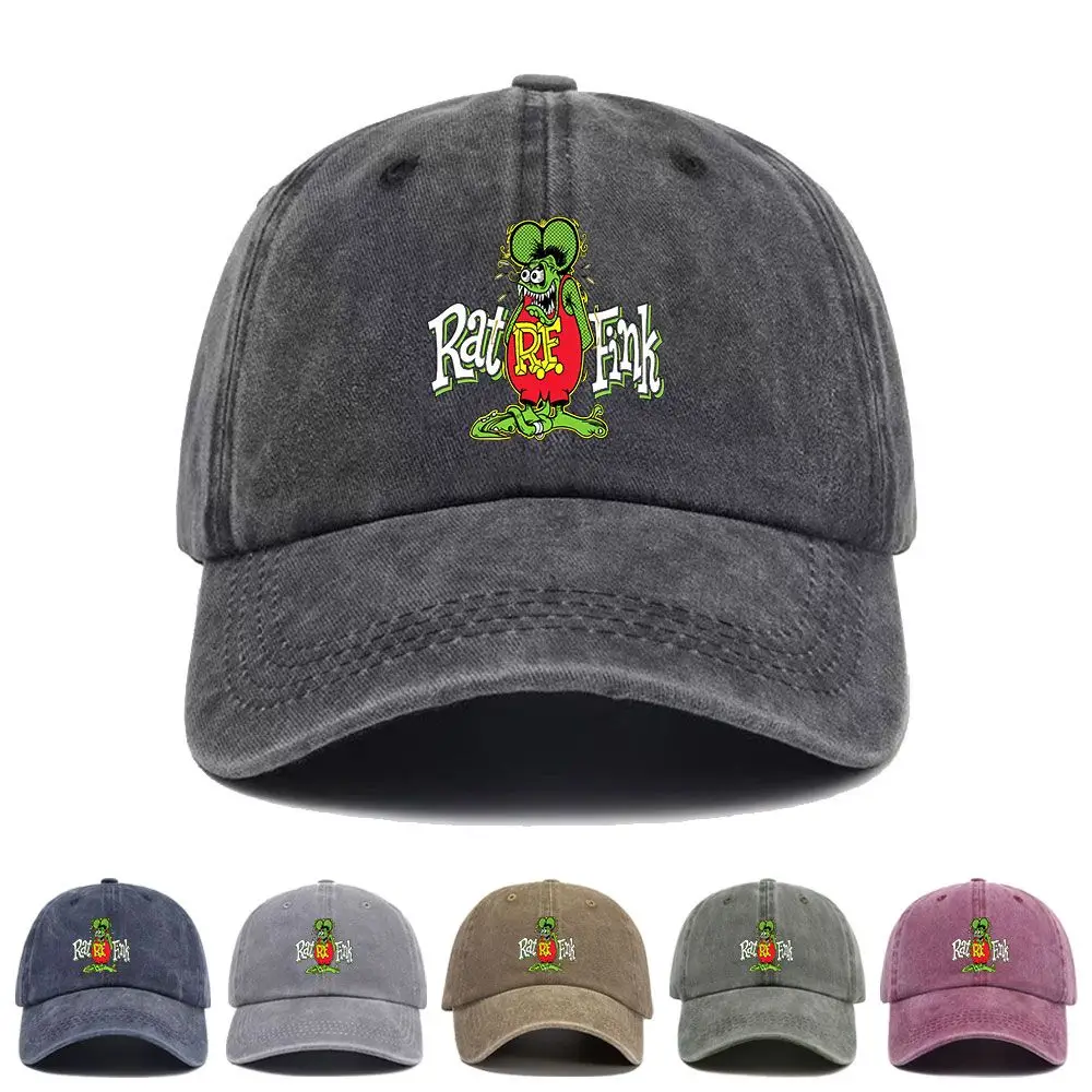 Vintage Washed Baseball Cap Anime Cartoon Rat Fink Print Graphic Unisex Streetwear Casual Trucker Style Summer Cotton Sun Hat