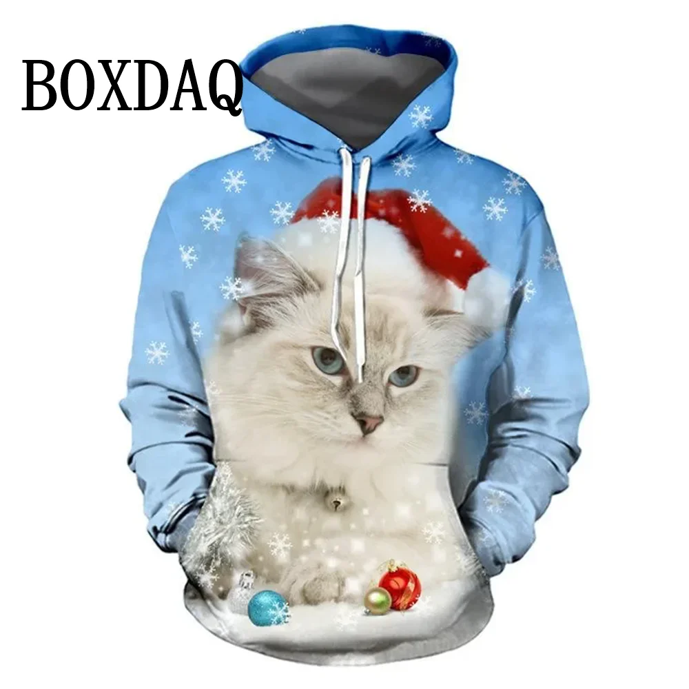 Funny Cat Christmas Party Hoodies Women Cute Sweet Casual Fashion Hooded Tops Autumn Winter Long Sleeve Pullover Pockets Hoodies