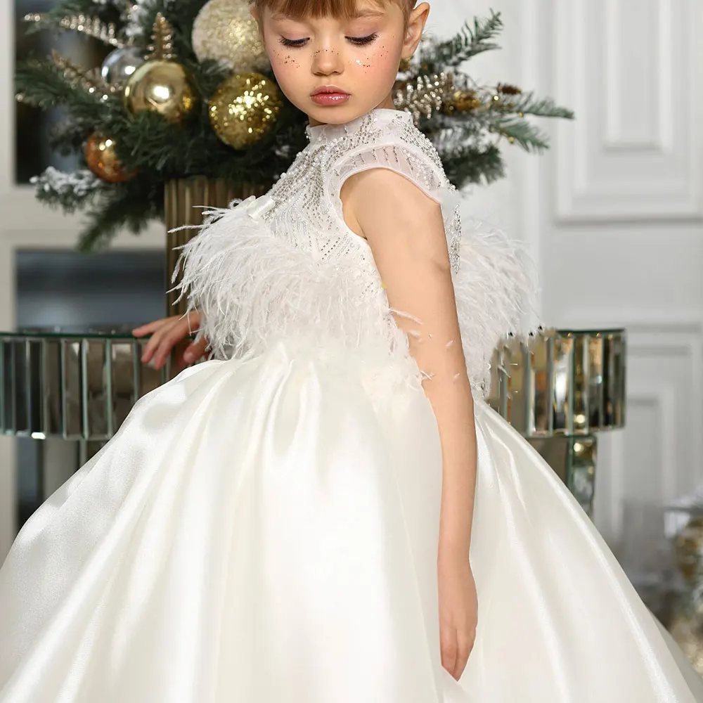 Jill Wish-Robe de Luxe Arabe Blanche pour Fille, Tenue de Princesse avec Perles et Plumes, pour ixd'Anniversaire, Mariage, Première Communion, 2025, J398