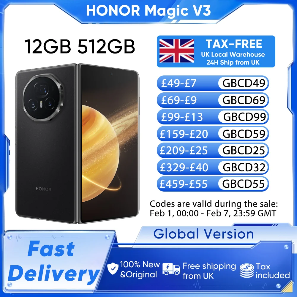 Honor Magic V3 Global Version 5G Foldable LTPO AMOLED 120Hz Display 7.92" 50MP Cameras Snapdragon 8 Gen 3 5150mAh 66W 12GB+512GB