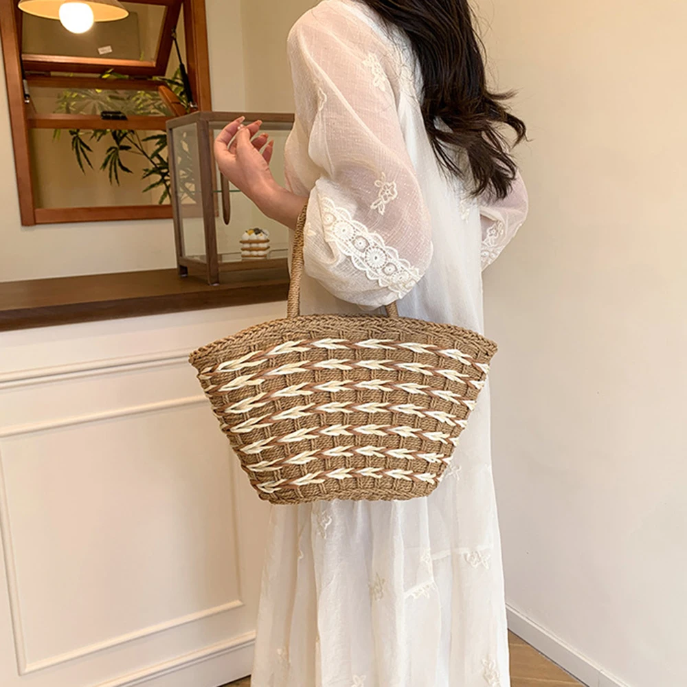 

Simple Large Capacity Weave Straw Bag Streetwear Casual Beach Tote Bag Commuting Picnic Bag Woman Bucket Handbag Travel