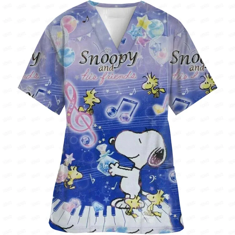 Cartoon Snoopy Printed Short Sleeve Surgical Gowns Tops Nurses' Uniforms V Neck Clinical Uniform For Woman Nursing Uniform