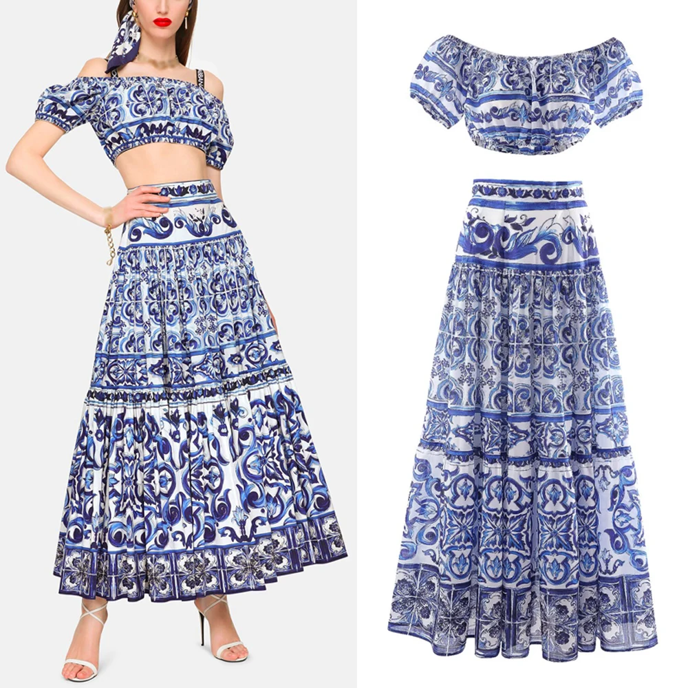 Etro Two-piece Suit Women\'s Summer Off-the-shoulder Short-sleeved Tube Top Top High-waisted Large-swing Half-length Skirt