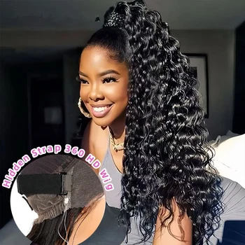 ความหนาแน่น 250 สายรัดอัพเกรดสายรัดที่มองไม่เห็นหมวก Water Wave 360 HD วิกผมลูกไม้ด้านหน้าด้านหน้า Deep Wave Glueless วิกผม Ready To Go