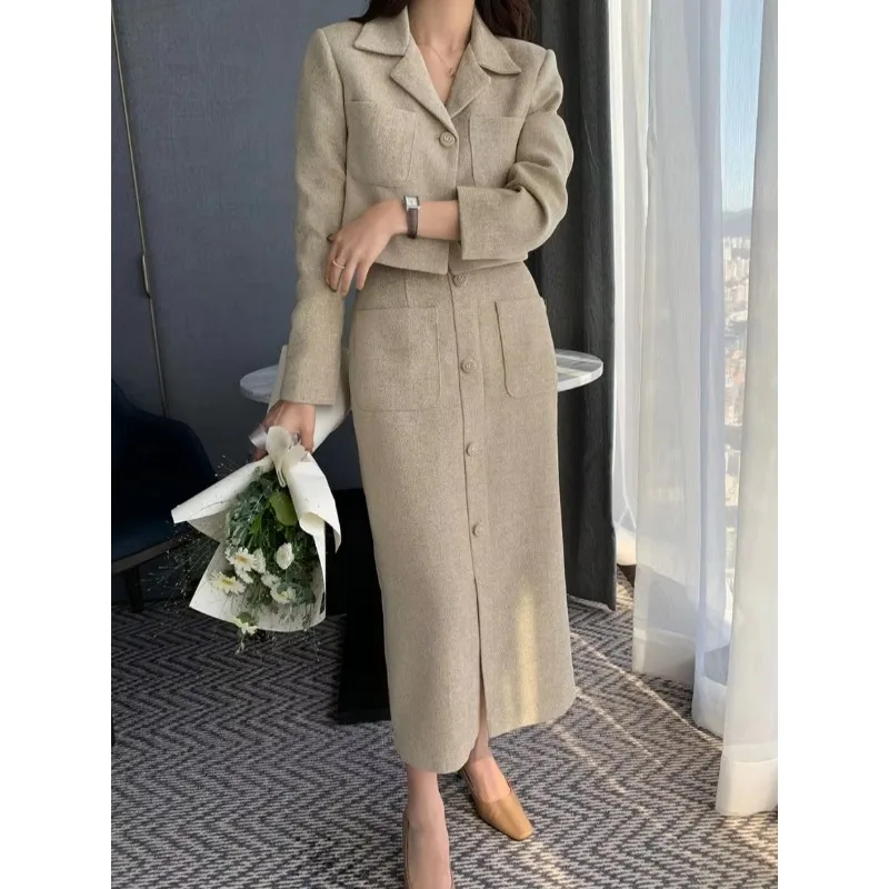 UNXX Tweed Kurze Blazer Mantel Eingewickelt Hüfte Halbrock Anzüge Vintage Solide Einreiher Wollmäntel Zweiteilige Sets Damen