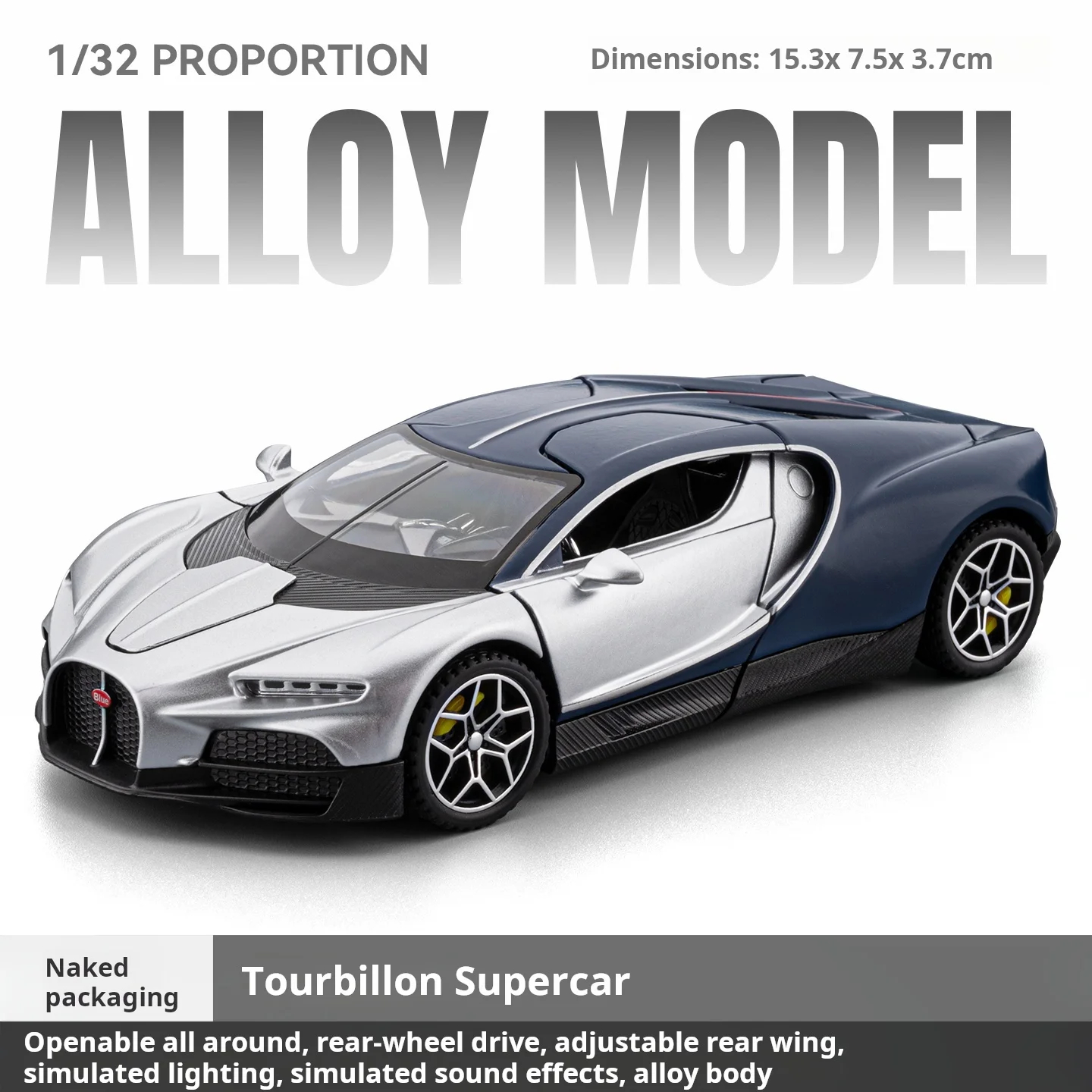 1:32 Bugatti Tourbillon Two-Tone Alloy Diecast Model, Sound Light Pull Back Simulation Collectible Trendy Toy Car Gift for boys
