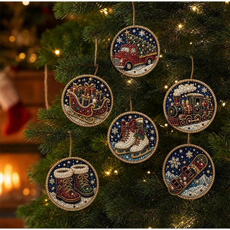 6pcs Christmas Pearl Painting DIY Set Animal Figure Pattern Christmas Tree Wooden Pendant Tag Home Wall Decoration Gifts