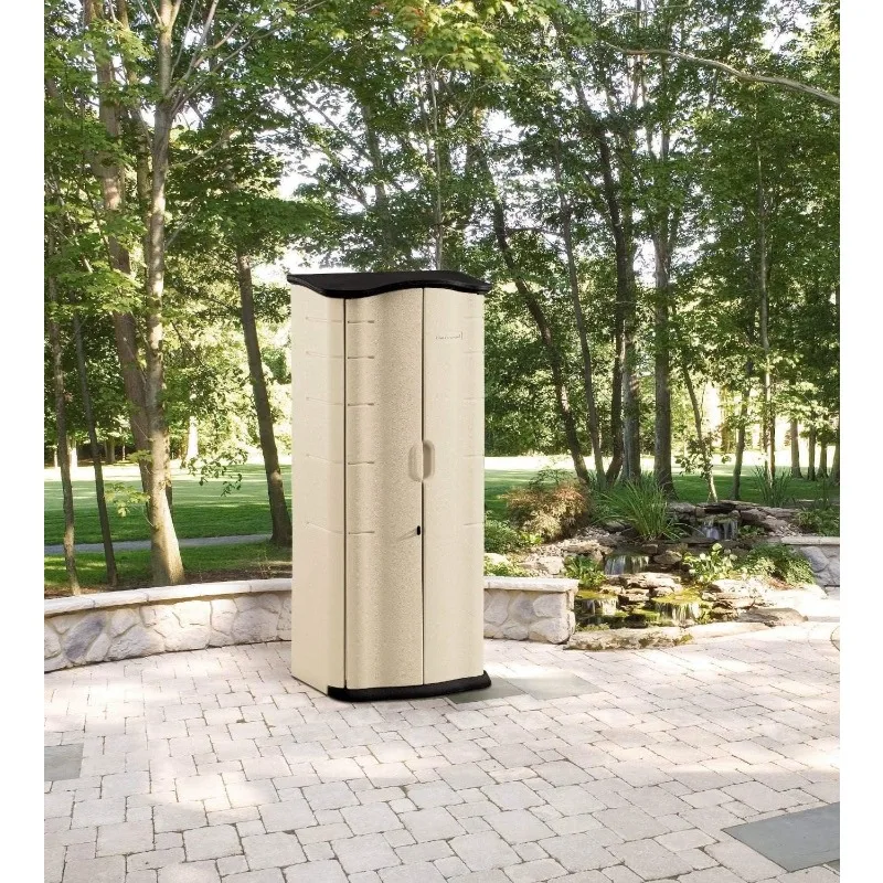 

Compact vertical resin storage shed for home backyard garden tools porch patio mats