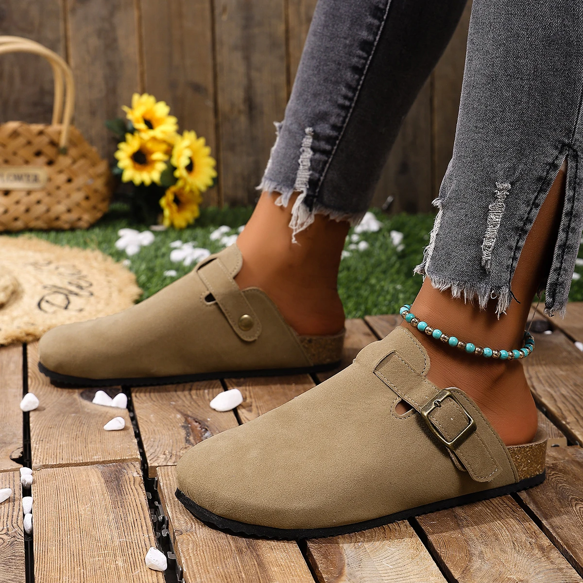 Korkfußbett-Clogs für Damen und Herren, modische Leder-Mules, bequeme Potato-Schuhe mit Fußgewölbestütze, flache Slides für drinnen und draußen – Detail 2