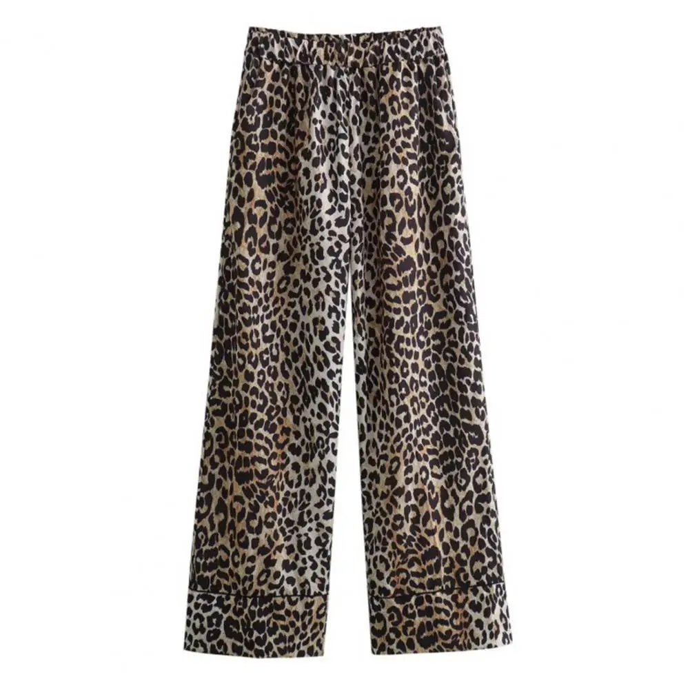 Women Wide-leg Pants Leopard Print Wide Leg Pants for Women Mid-rise Elastic Waist Trousers Summer Work Leisure Wear Women Pants