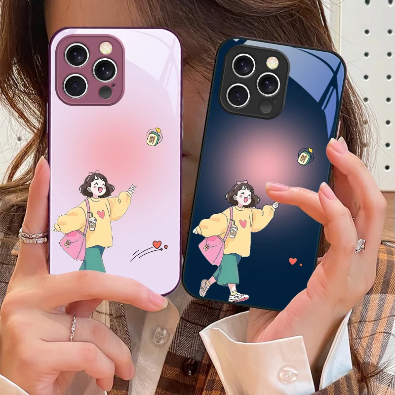 

Happy girl in yellow For iPhone 16 E 15 14 13 Plus 12 mini 11 Pro Max XR Xs Max 16E X 7 8 6 6S 2022 Tempered Glass Phone Case