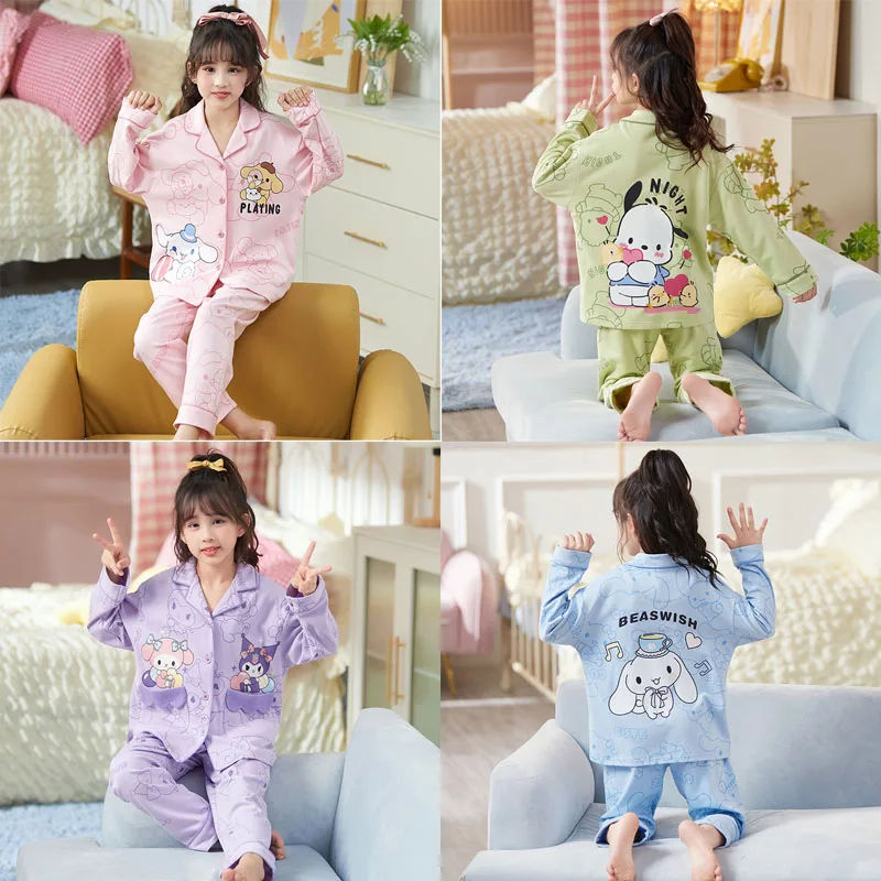 Sanrios Cinnamoroll Kuromi New Child Pajamas Spring Autumn Pure Cotton Long Sleeves Girl Kawaii Tracksuit Suit Girls Gifts