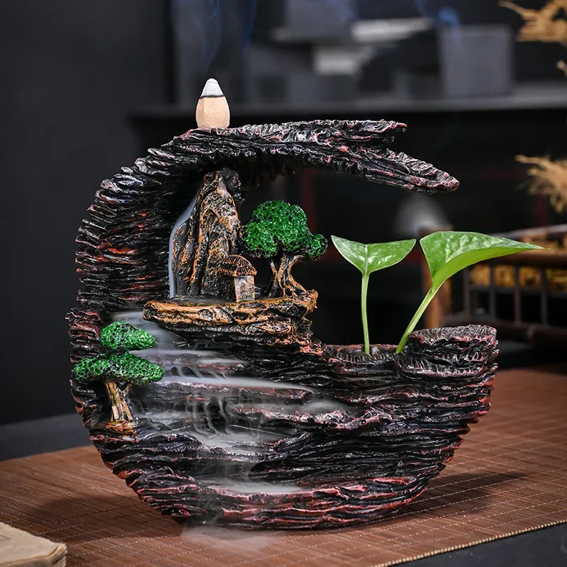 Resin Scenery Backflow Incense Burner Smoke Fountain Waterfall Incense Holder Mountain Stand for Home Room Decor Zen Ornaments