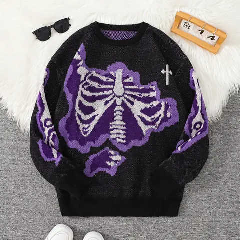 New Trendy Autumn and Winter Skeleton Pattern Pullover Sweater Casual Crew Neck Color-Block Knit Men's Pullover
