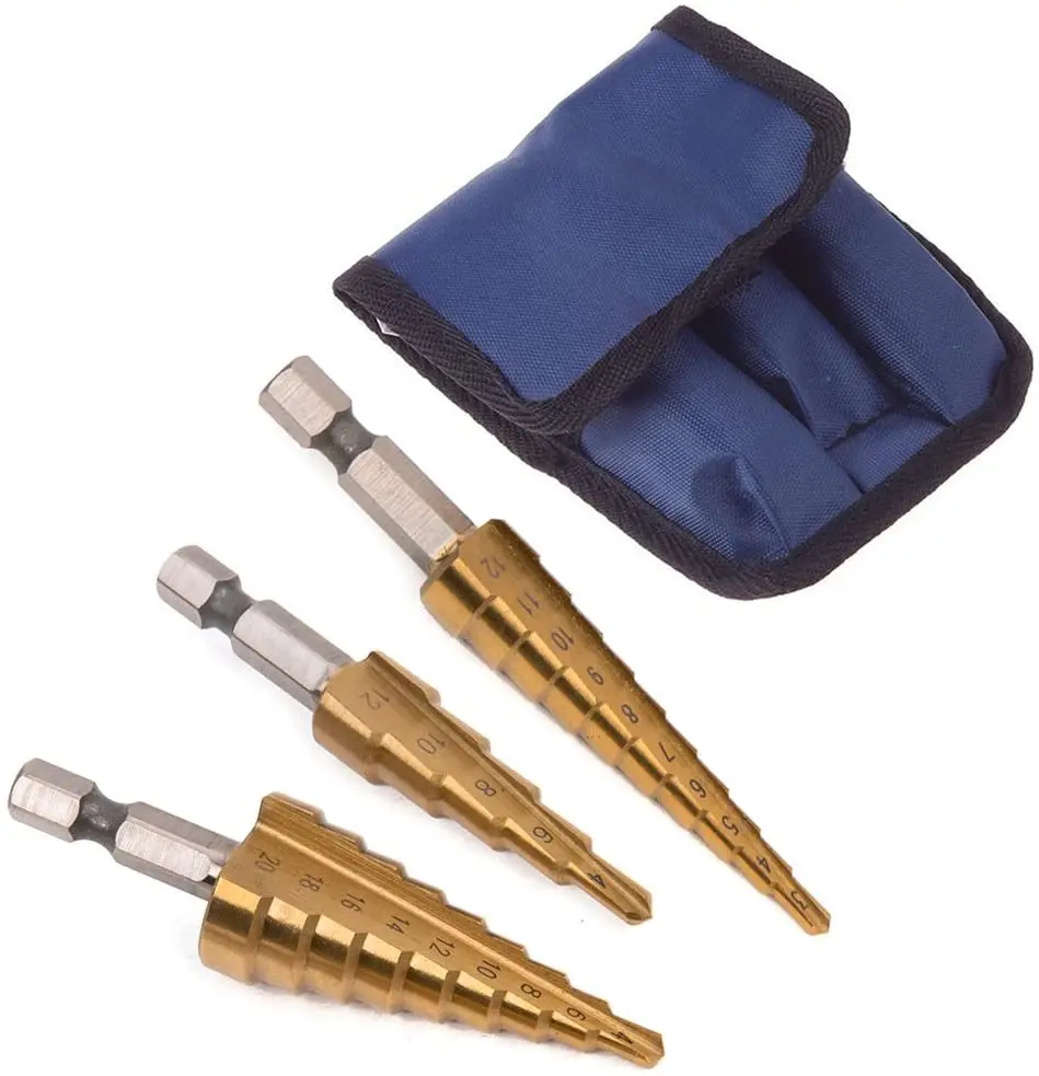 3Pcs/set 3-12mm 4-12mm 4-20mm HSS Straight Groove Step Drill Bit Titanium Coated Wood Metal Hole Cutter Core Drilling Tools Set