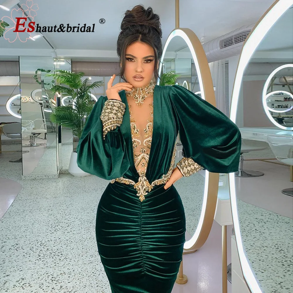 Elegant Dubai Mermaid Evening Night Dress for Women 2023 High Neck Long Sleeves Beads Crystal Formal Prom Wedding Party Gowns